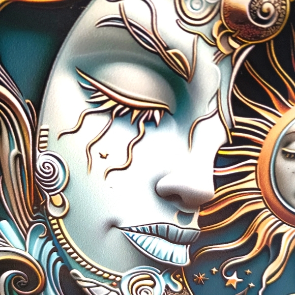 Moon and Sun Ying Yang style Glass Painted  Hanging Artwork w Chain - Picture 8 of 9